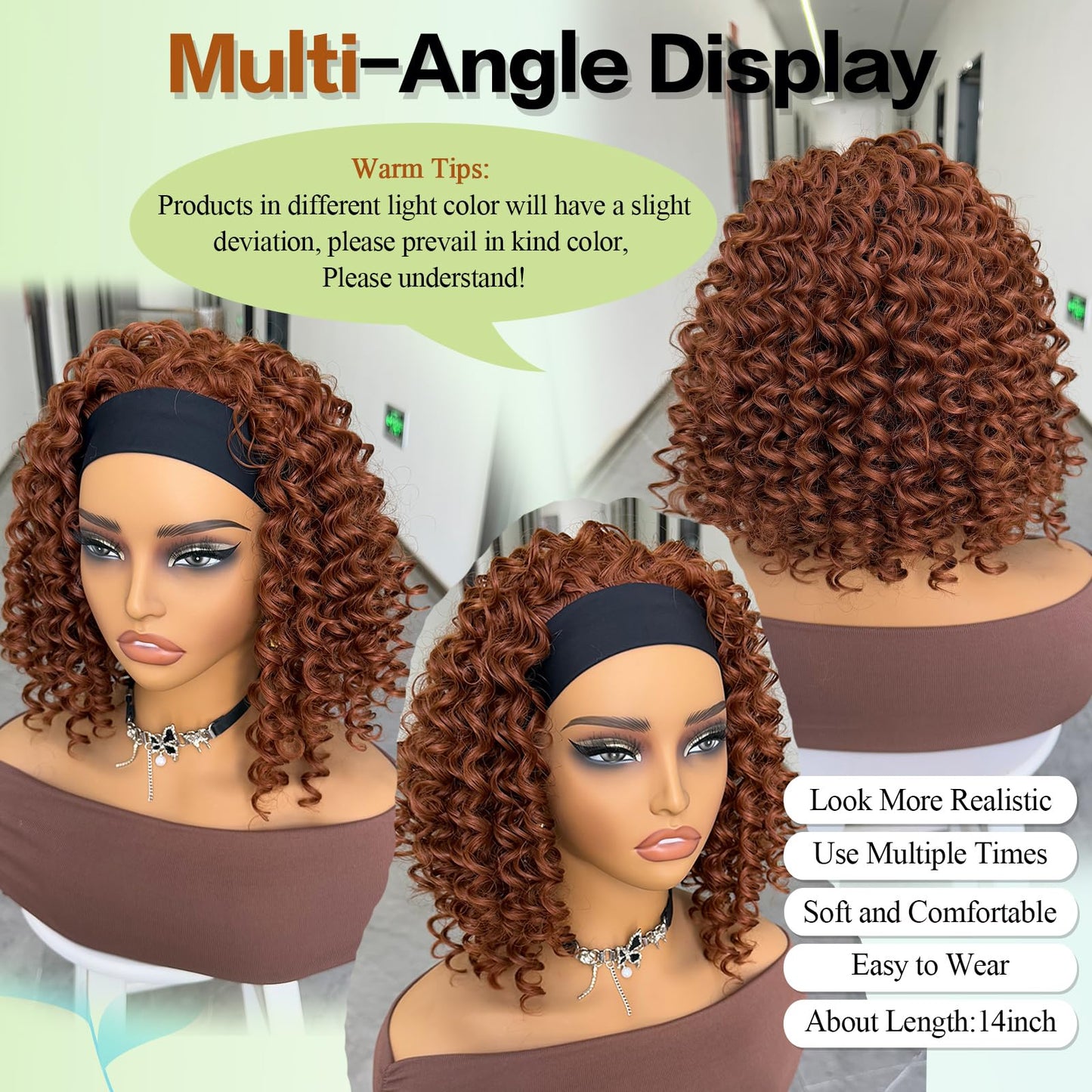 Aisaide Kinky Curly Headband Wig 12 Inch Highlighted Deep Curly Headband Wigs for Women Short Glueless No Lace Deep Curly Half Hair Wigs,12" Dark Brown with Copper Red Highlighted