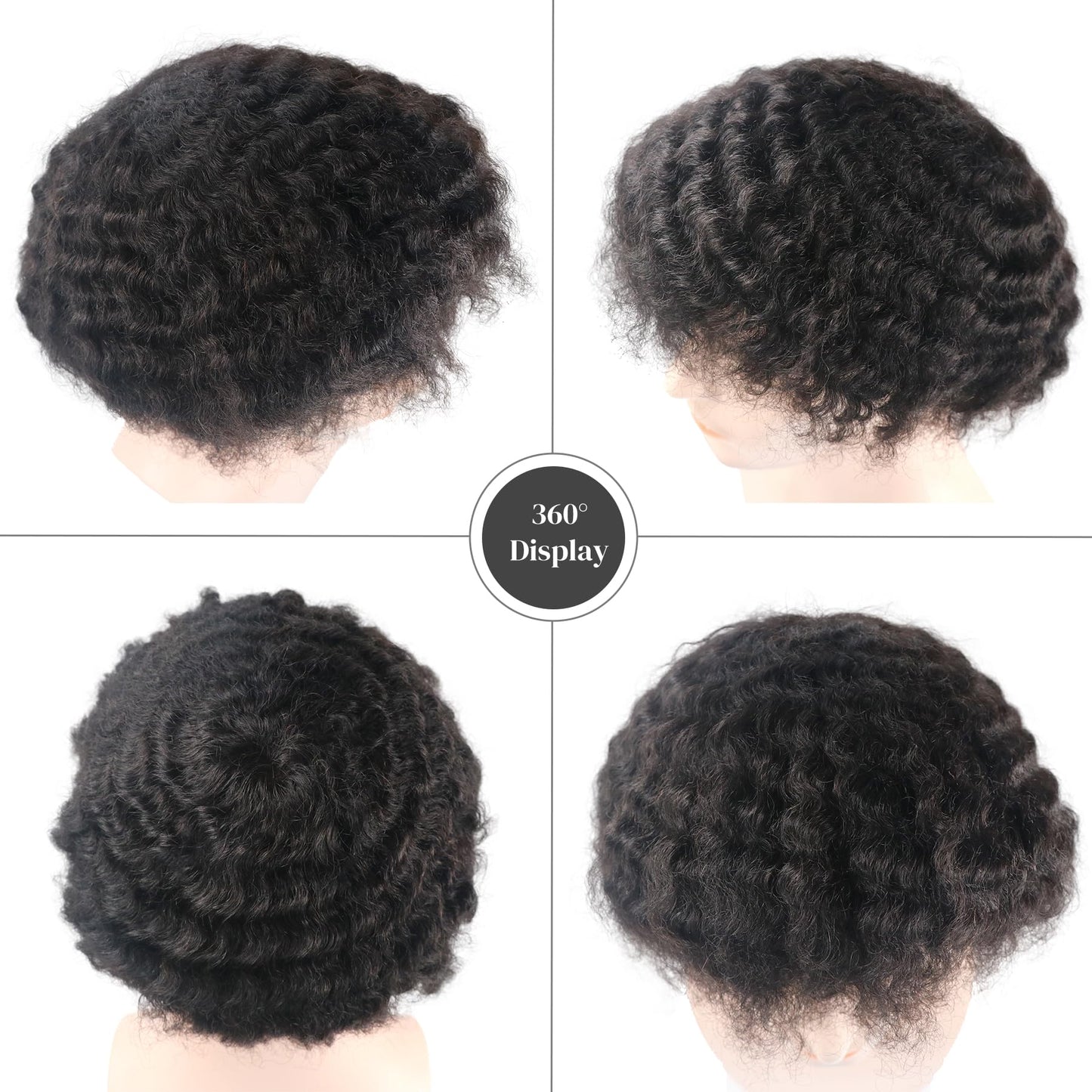 lumeng Afro Toupee PU Base Wig Men 12MM Wave Hair Unit Black Mens Wig 8x10inch Human Hair System 1B# Off Black 360 Curly Replacement Afro Human Hair Pieces