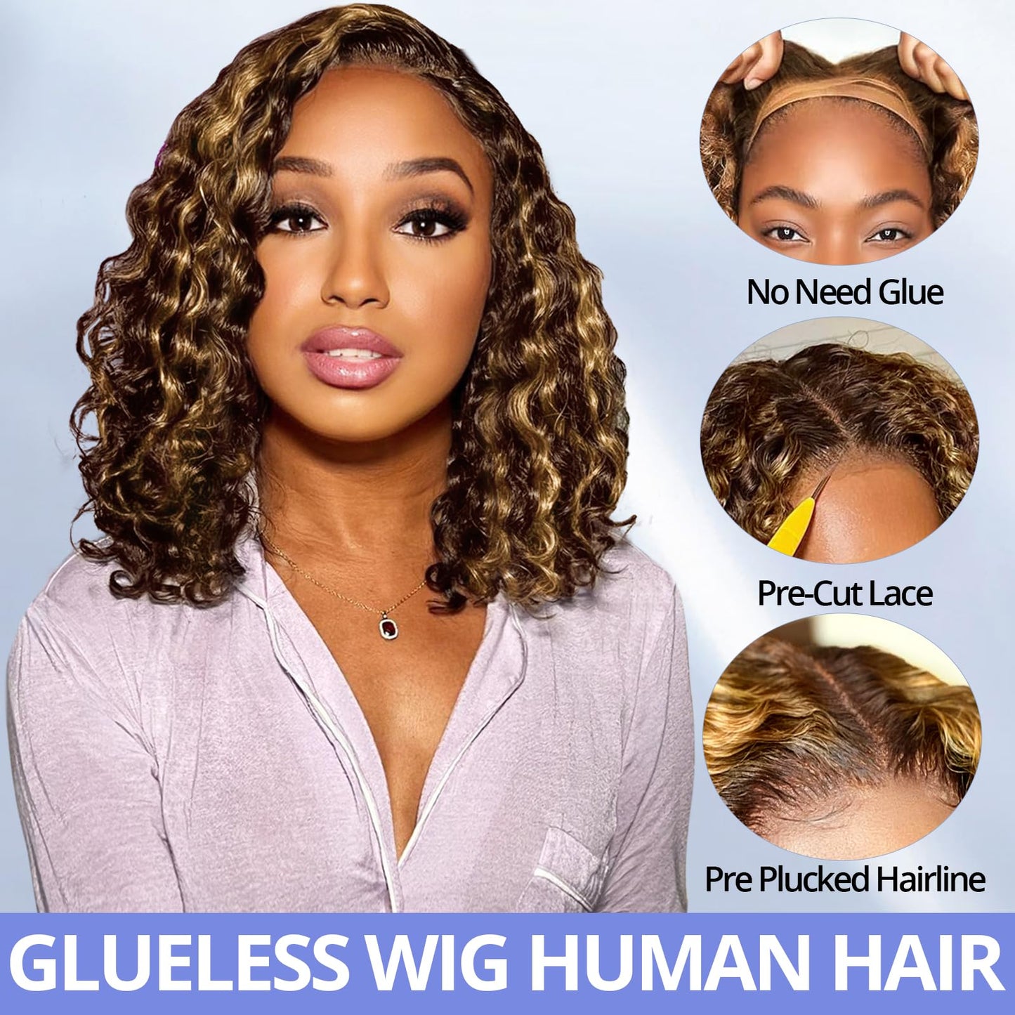 Eyefanniy Glueless Wigs Human Hair pre plucked Pre Cut Blonde Highlights Short Curly Bob Lace Front Wigs for Black Women 4x4 Lace Closure Wig with Elastic Band for Beginners 14 Inch