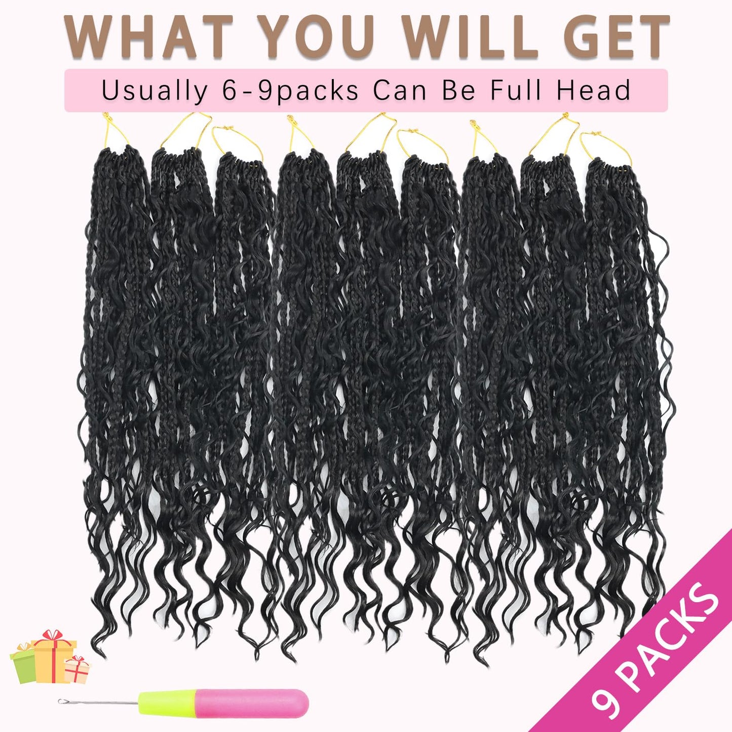 Boho Box Crochet Braids Human Hair Mixed 9 Packs Goddess Braids Crochet 18 Inch Pre-looped Bohomian Crochet Hair Extensions (18Inch,1B)