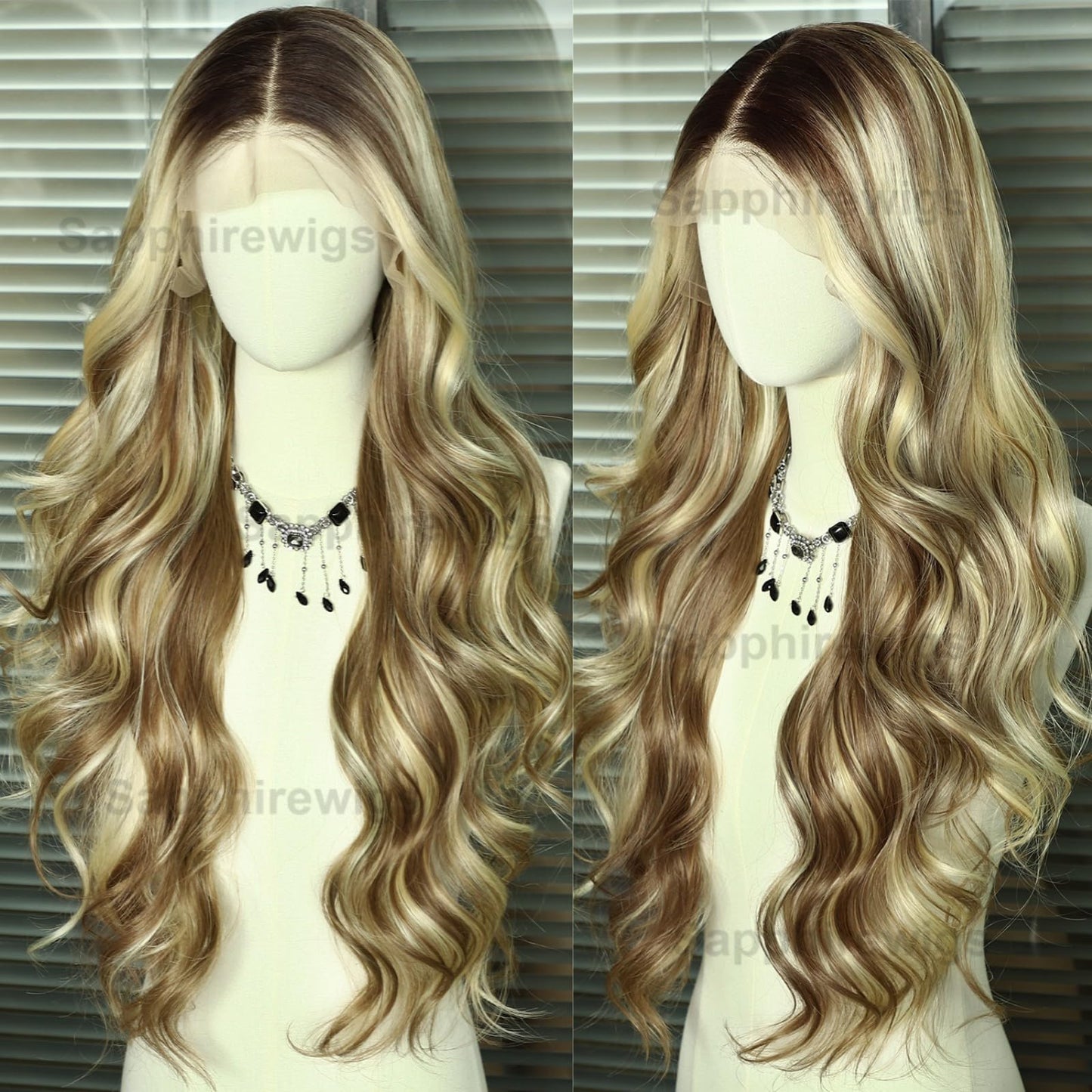 SAPPHIREWIGS 13x4 Lace front Wig Long Blonde with Brown Highlights Wavy for Women Free Part Body Wave Natural Looking Synthetic Heat Resistant Fiber Daily Party Use 26 Inch