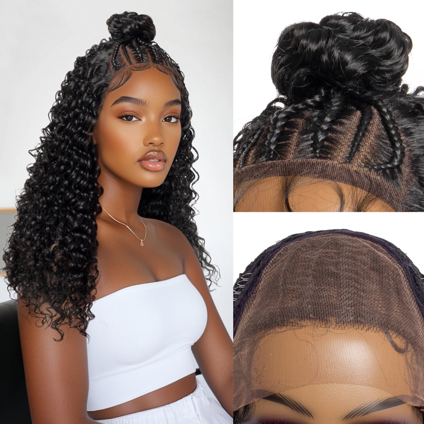 PROTEA Braided Wigs for Black Women, Full Lace Frontal Updo Bun Box Braids Wigs with Baby Hair, Lightweight Synthetic Fully Handmade Braided Wig, 24 Inch #1B Natural Black