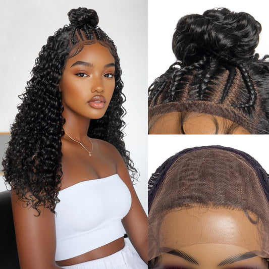PROTEA Braided Wigs for Black Women, Full Lace Frontal Updo Bun Box Braids Wigs with Baby Hair, Lightweight Synthetic Fully Handmade Braided Wig, 24 Inch #1B Natural Black
