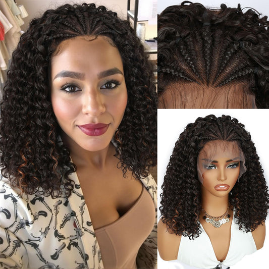 Fancy Hair Braided Wig Cornrow with Curly Hair Wig HD Lace Front Wig with Baby Hair Pre Plucked Glueless Transparent 13x4 Inch Highlight Brown Wig for Black Women