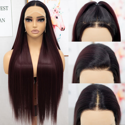 Fugady 32 inch Long Ombre Burgundy 99j Glueless Straight Lace Front Wig 200 Density Pre Plucked Synthetic Heat Resistant Red Wig With Baby Hair Colorful Lace Wigs For Women Cosplay Party Daily Use