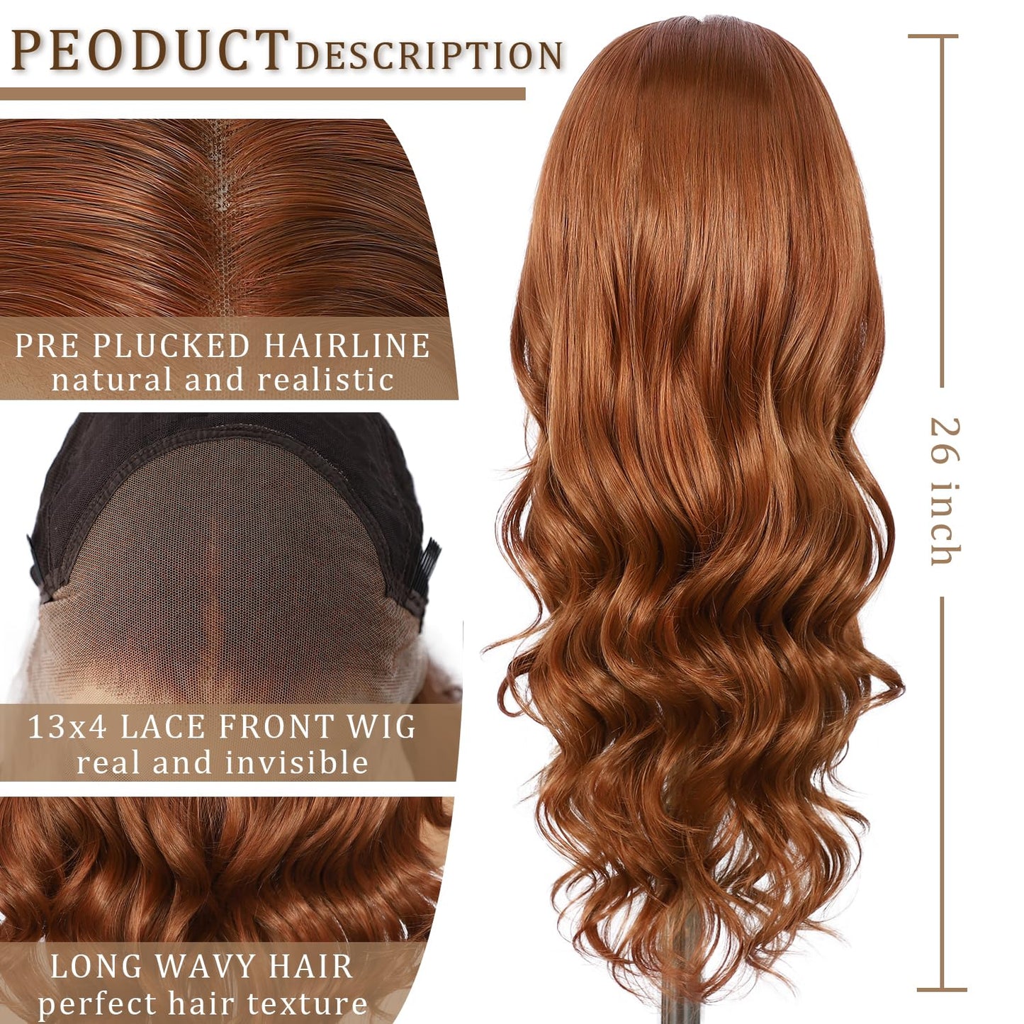 SAPPHIREWIGS Ginger Wavy 13x4 Synthetic Lace Front Wigs for Women Glueless Body Wave Orange Wig Heat Resistant Hair for Daily Cosplay Halloween Use 26 Inch