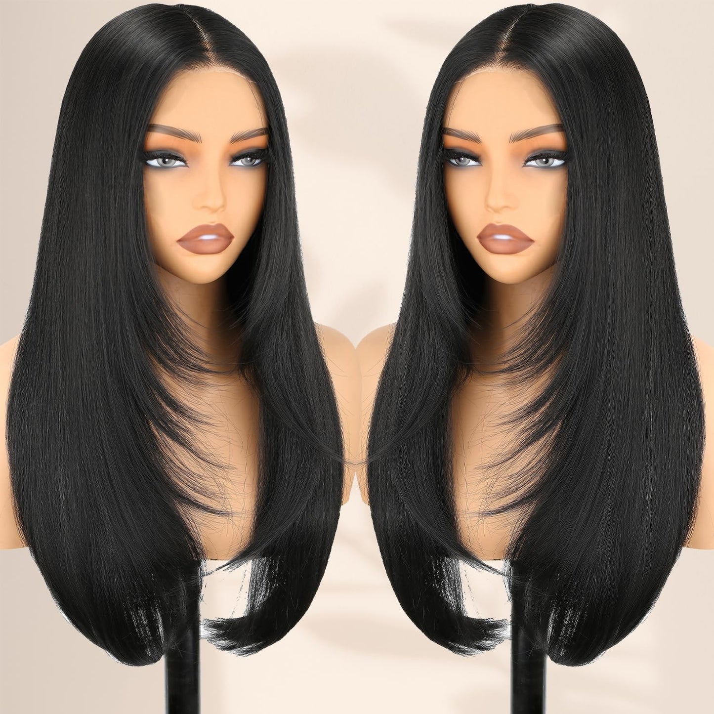 NOSTALGIA Black Wear and Go Glueless Wigs Straight Lace Front Wig Pre Cut Glueless Synthetic Layered Wig 24 Inch Middle Part Closure Wig For Women