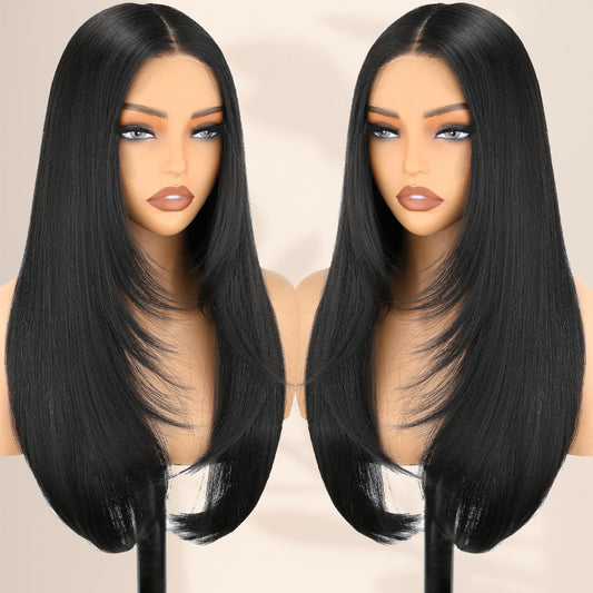 NOSTALGIA Black Wear and Go Glueless Wigs Straight Lace Front Wig Pre Cut Glueless Synthetic Layered Wig 24 Inch Middle Part Closure Wig For Women