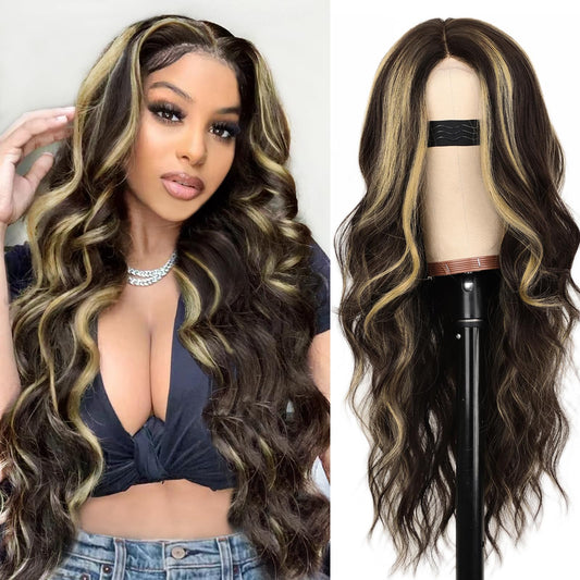 AISI HAIR Long Wavy Dark Brown with Blonde Highlight Lace Hairline Wigs for Women，Middle Part Synthetic Heat Resistant Wig for Daily Party-26 Inch