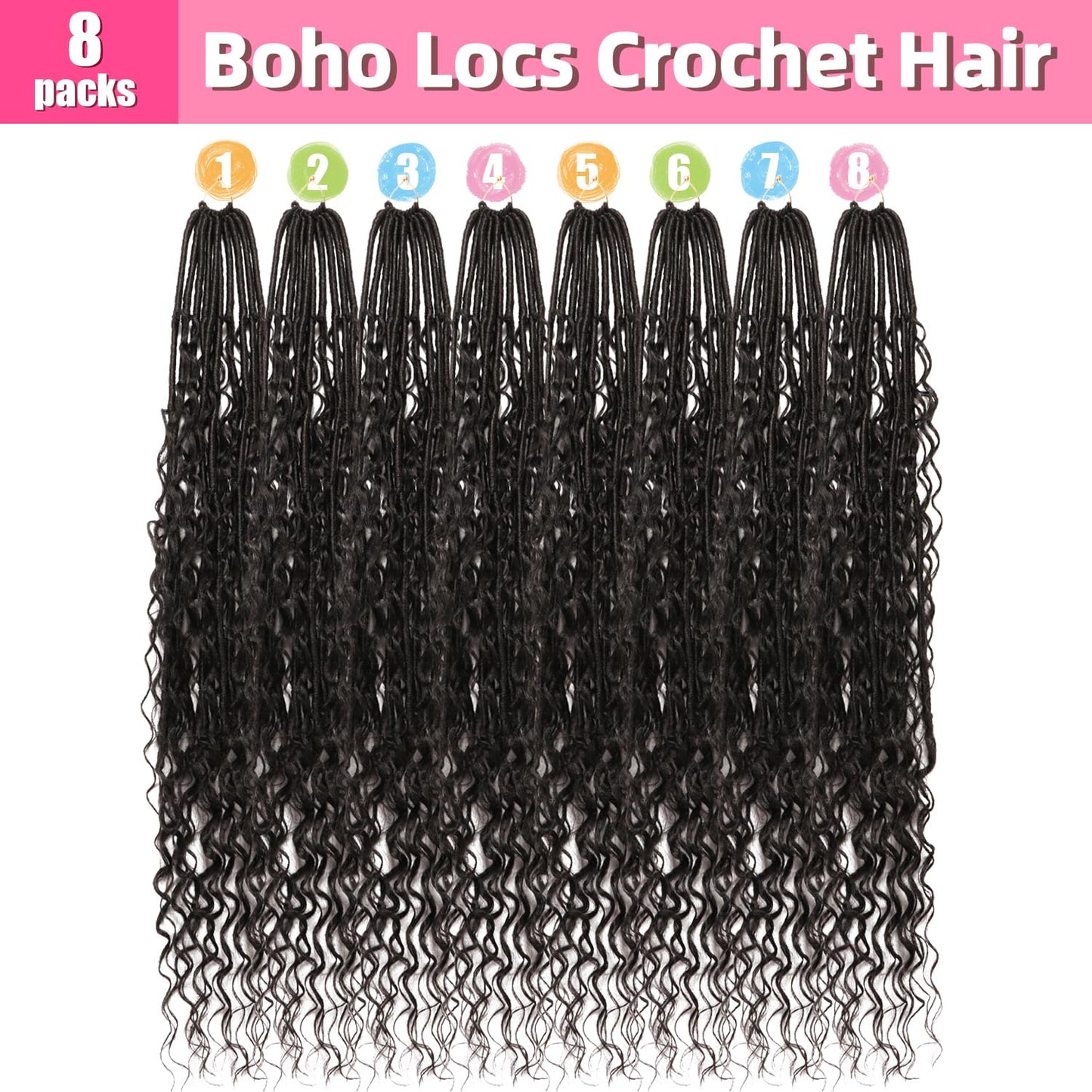 Soft Boho Locs Crochet Hair for Black Women-30 Inch 8 Packs Goddess Faux Locs Crochet Human Hair Feeling Pre Looped with Curly Ends(1B, 30 Inch(Pack of 8))