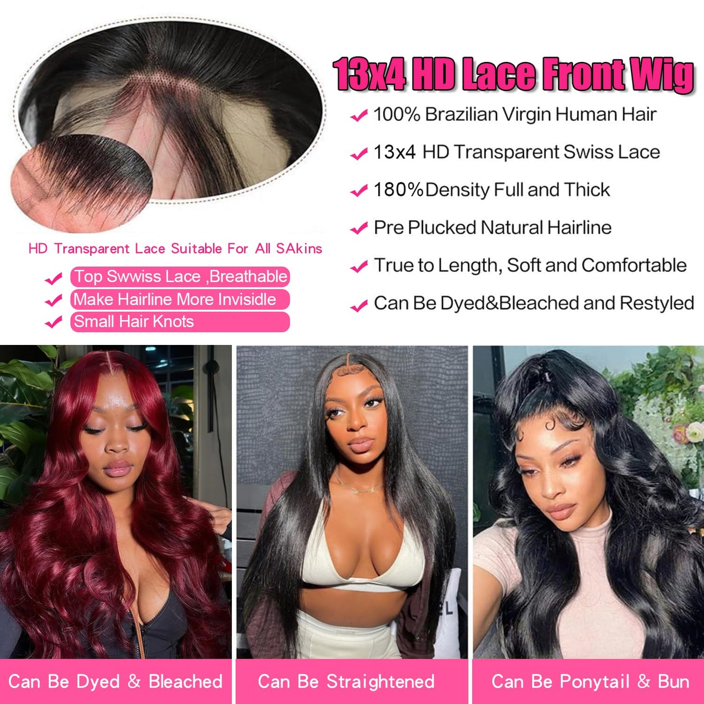 Rylice 24inch Lace Front Wigs Human Hair 200% Density 13x4 HD Body Wave Lace Front Wig 100% Brazilian Virgin Human Hair Wigs for Black Women Pre Plucked Natural Color Glueless Wig