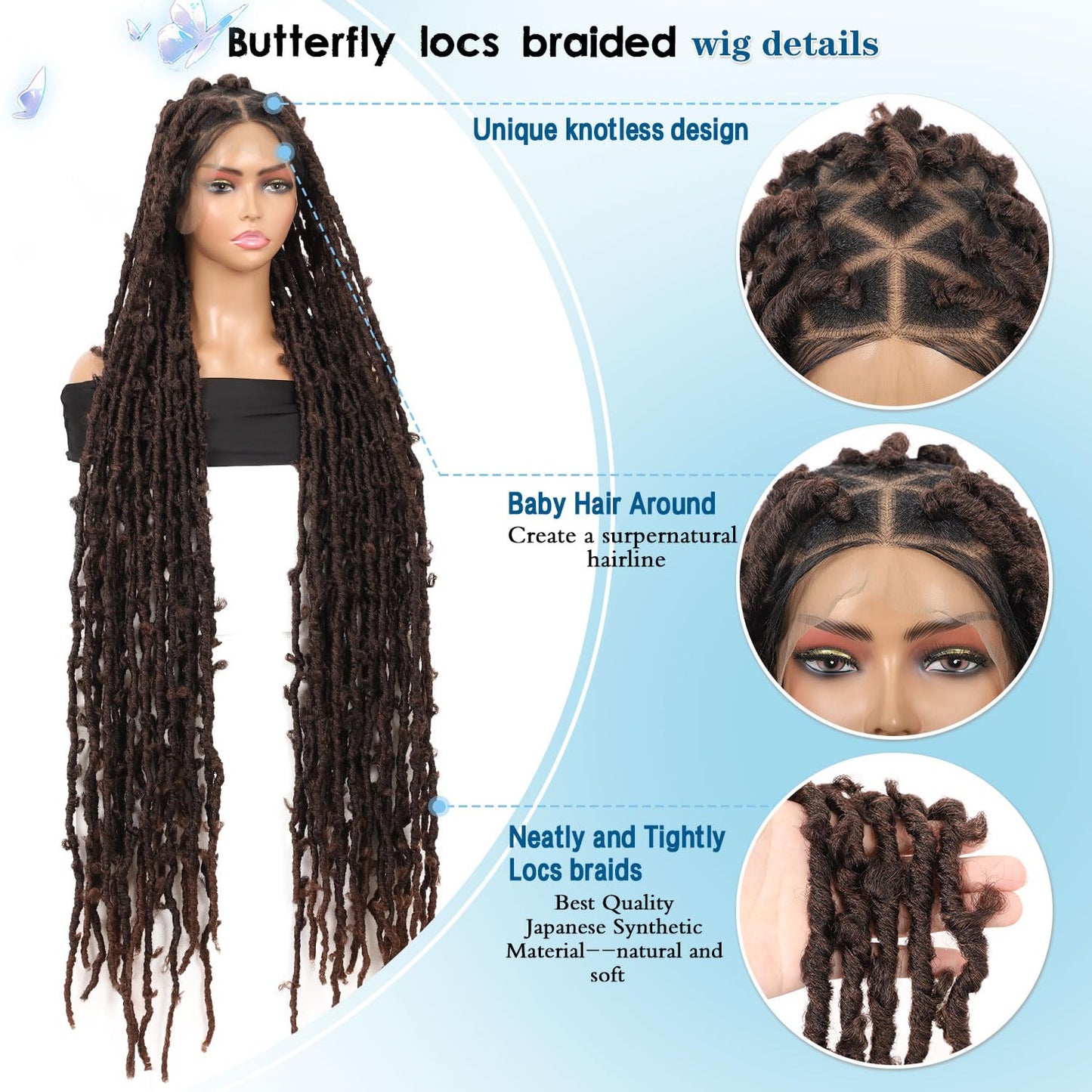 Olymei 48" Super Long Faux Locs Braided Wig Butterfly Knotless Locs Braided Wigs for Women Full Double Lace Front Braided Wigs with Baby Hair Premium Synthetic Lace Frontal Braids Wig Brown