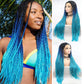 Blue Box Braided Wig for Women Long Ombre Black Sky Blue Knotless Cornrow Braids Lace Frontal Wig Hand Synthetic Lightweight Twist Braid Wigs Glueless Braiding Hair Heat Resistant Cosplay 26 Inch