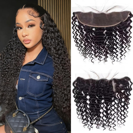 13x4 Lace Frontal Closure Deep Wave Ear to Ear HD Lace Frontal Pre Plucked with Baby Hair 14 Inch Brazilian Virgin Human Hair Frontal Free Part 150% Density Hair Extensions Natural Black