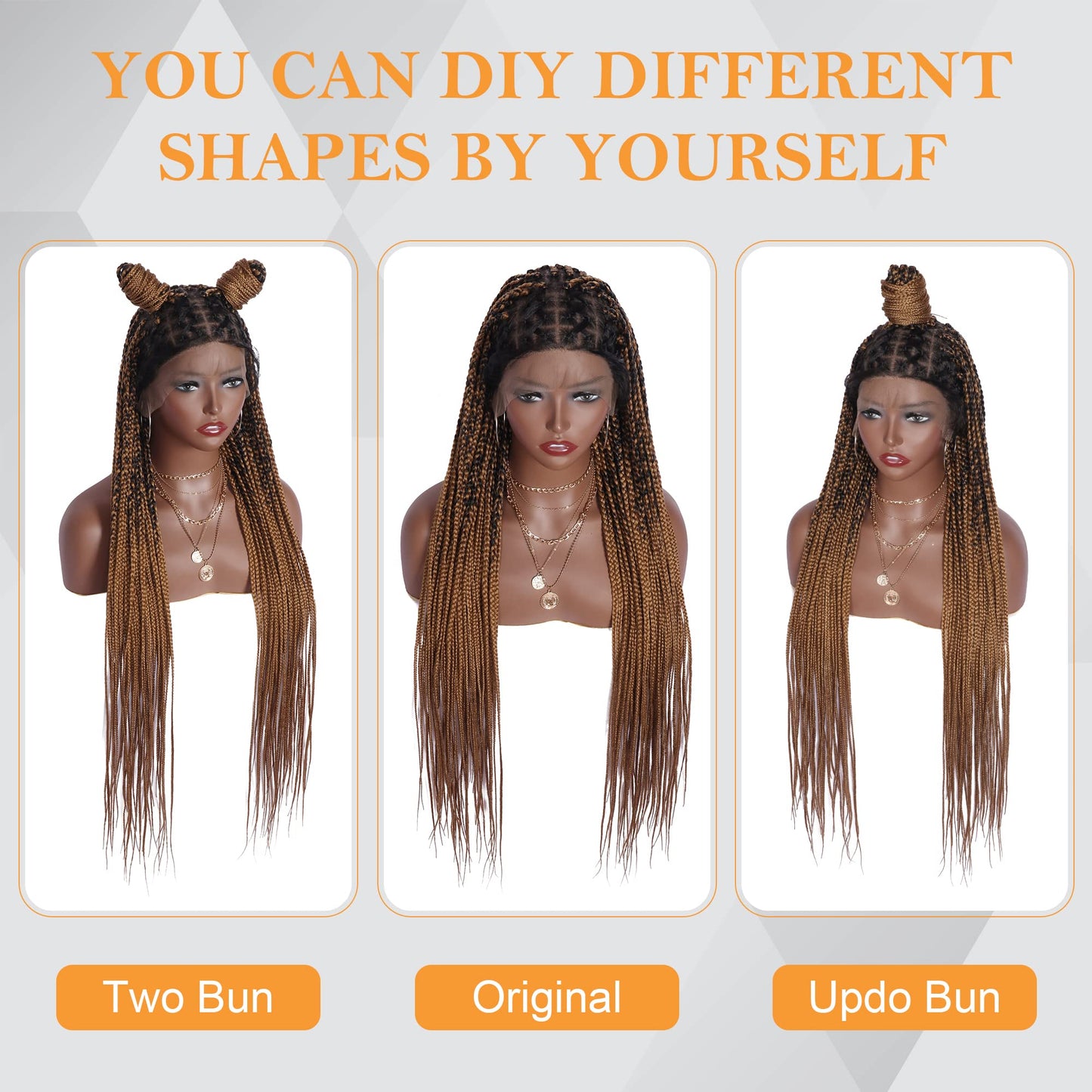 Alebery 36" Full Lace Criss Cross Knotless Box Braided Wigs for Black Women Knotless Box Braids Lace Front Wig with Baby Hair Lightweight Synthetic Light Brown Cornrow Braided Wigs (1B/27)