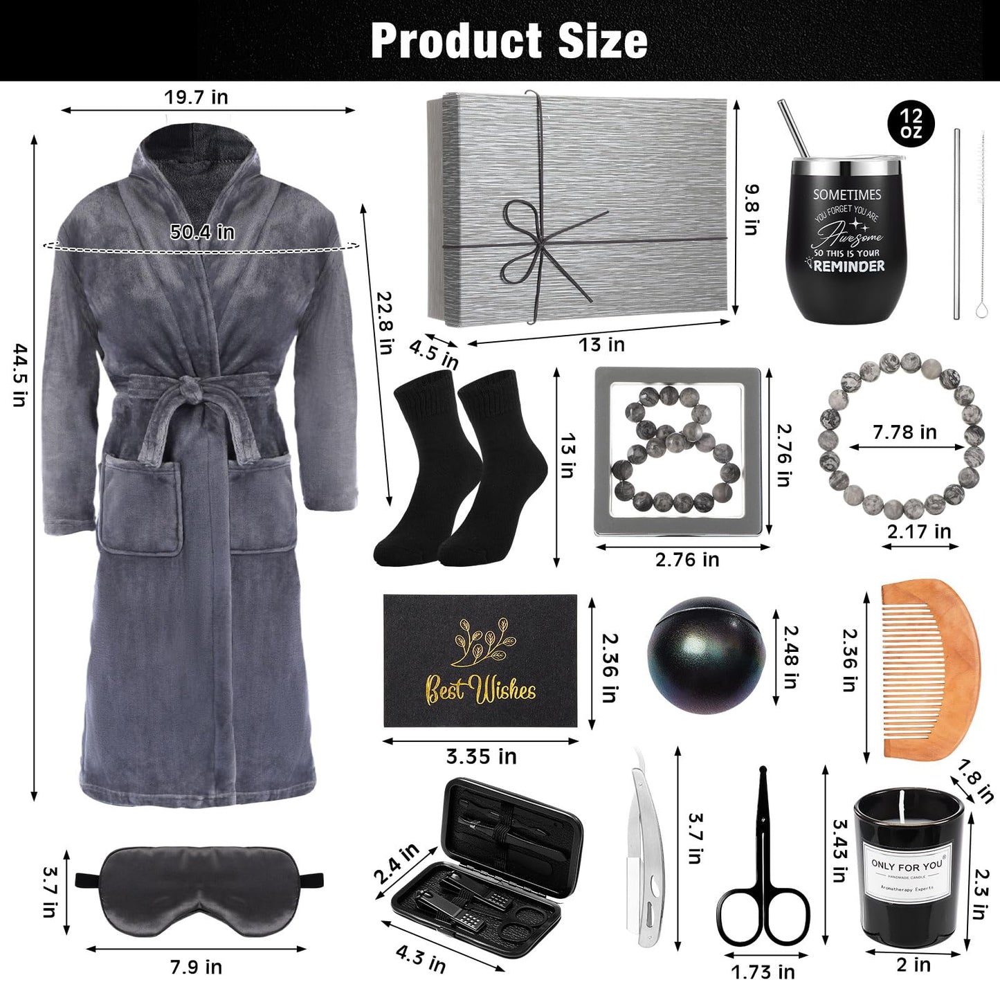 Nuogo 15 Pcs Birthday Gifts for Men Beard Care Set for Him Dad Birthday Gifts Basket Ideas Kit for Men Tumbler Bath Robe for Father's Day Dad Husband Boyfriend Box(Unhooded,Darkgray)