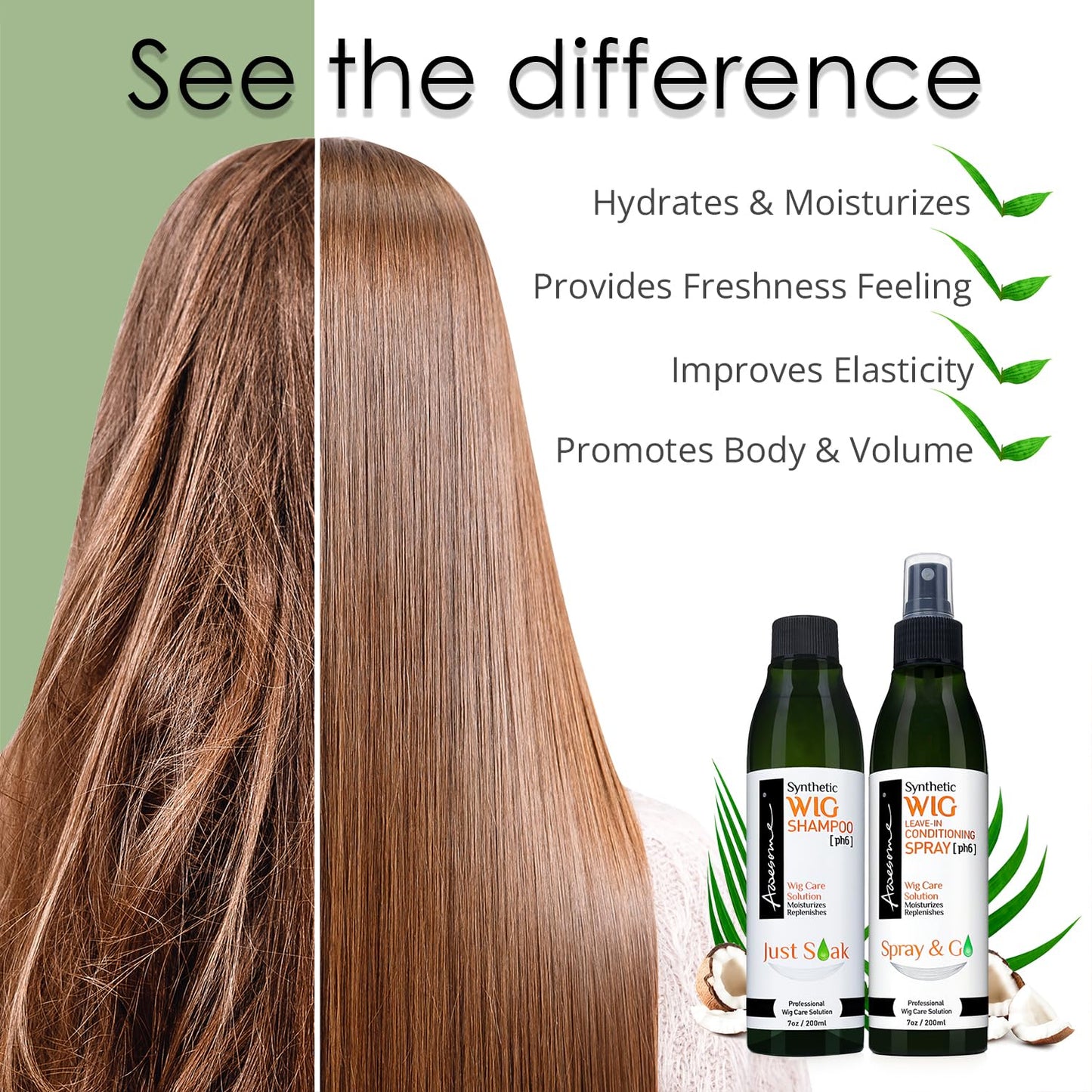 Awesome Synthetic Wig Shampoo & Leave in Conditioner Spray, pH6, Replenishes & Easy Combing, Contains Coconut Oil (Premium Set of 3)