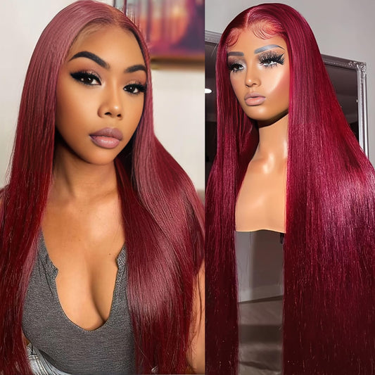 Hoscod Burgundy Wig Human Hair 13x6 Straight HD Lace Front Wigs 200 Density HD Transparent 99j Red Colored Frontal Wigs Human Hair for Women 22 Inch