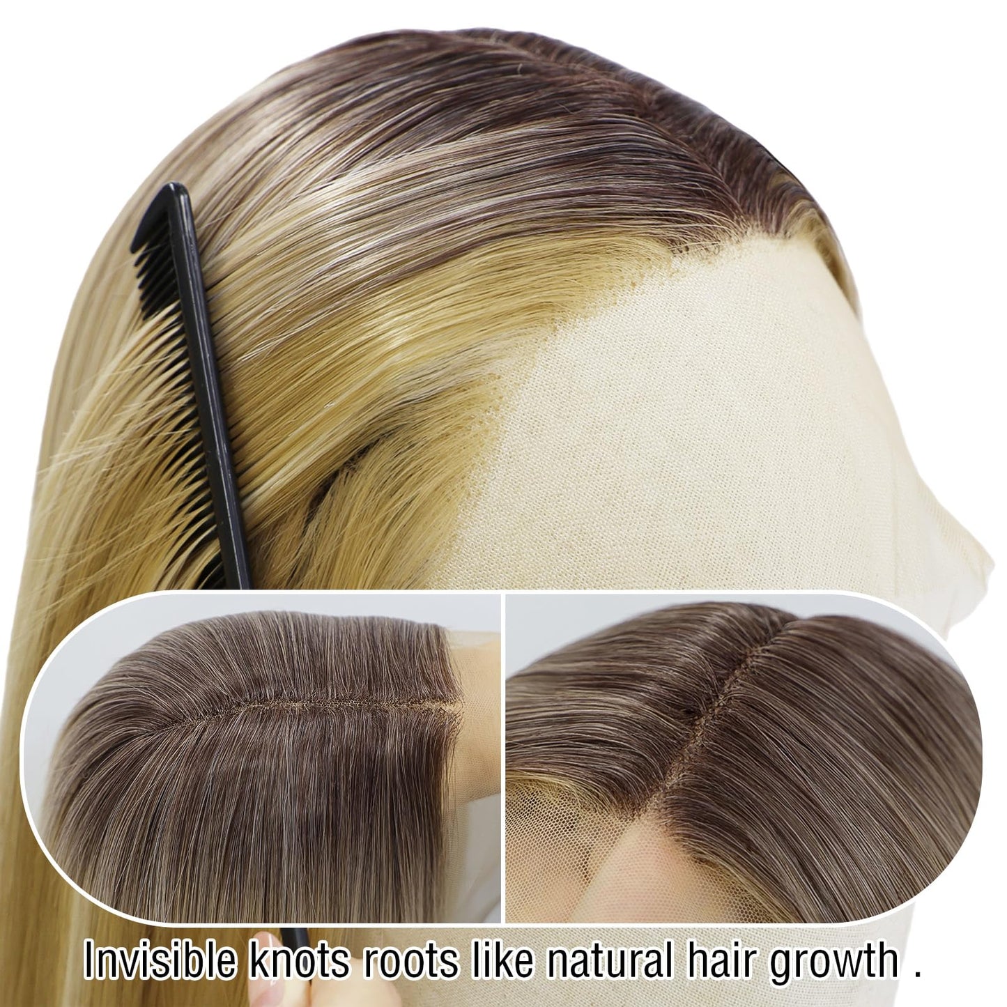 Fugady Blonde Ombre Glueless Layered Straight Lace Front Bob Wig With White Highlight 200 Density Pre Plucked Synthetic Heat Resistant Gold Wig With Baby Hair Colorful Lace Wigs For Women 22 inches