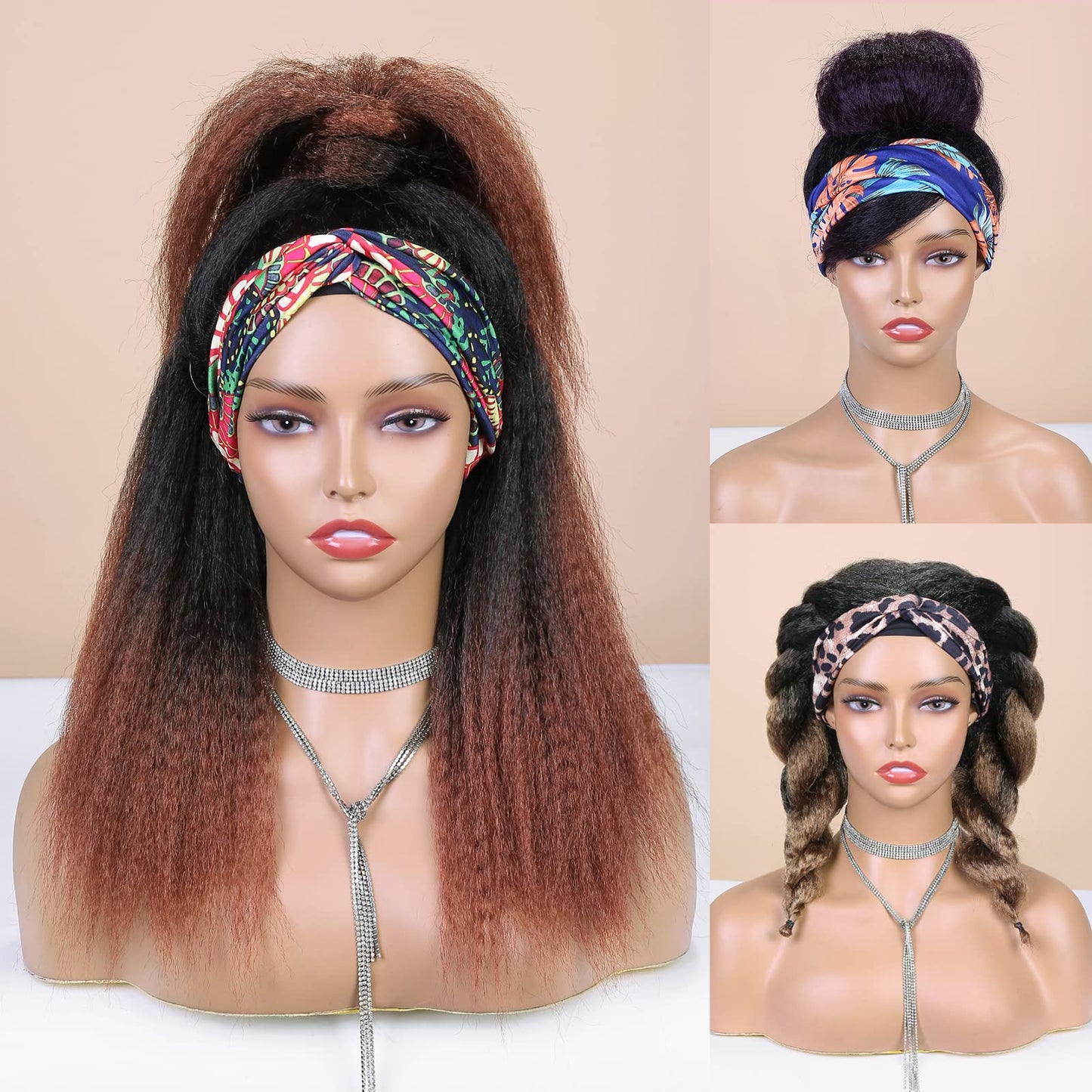 WIGNEE 18 Inches Kinky Straight Headband Wig for Women Yaki Straight Wigs with Black Headband Kinky Afro Wigs For Black Women (1B, 18 Inch)