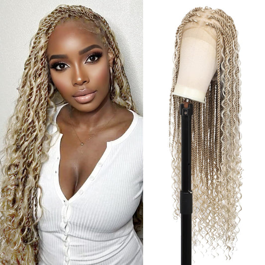 Olymei 360° HD Full Lace Braided Wigs for Women Knotless Boho Braided Wigs Twisted Braids Lace Wig with Baby Hair Premium Synthetic Braided Lace Front Wigs 36" Light Brown Ombre Blonde