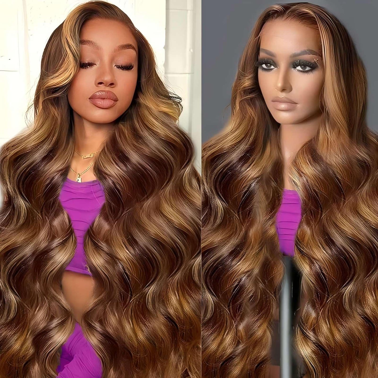 QZOQZO Ombre Lace Front Wig Human Hair 13x6 Highlight Body Wave Wig Human Hair 180% Density 4/27 Colored Honey Blonde HD Lace Frontal Glueless Wigs For Women 28inch