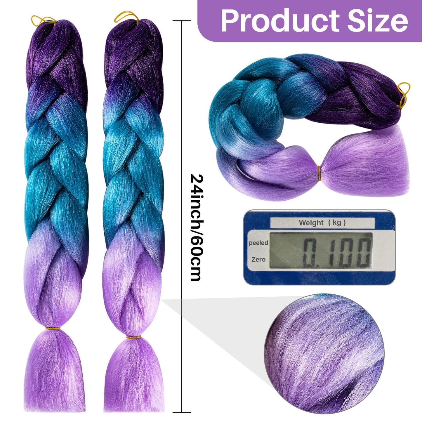 MAQIHAN 2 Pack Jumbo Braiding Hair - 24Inch purple-lake blue-light purple Braiding Hair Synthetic Hair Extensions Rainbow Braiding Hair High Temperature Synthetic braiding hair Wedding Makeup Styling