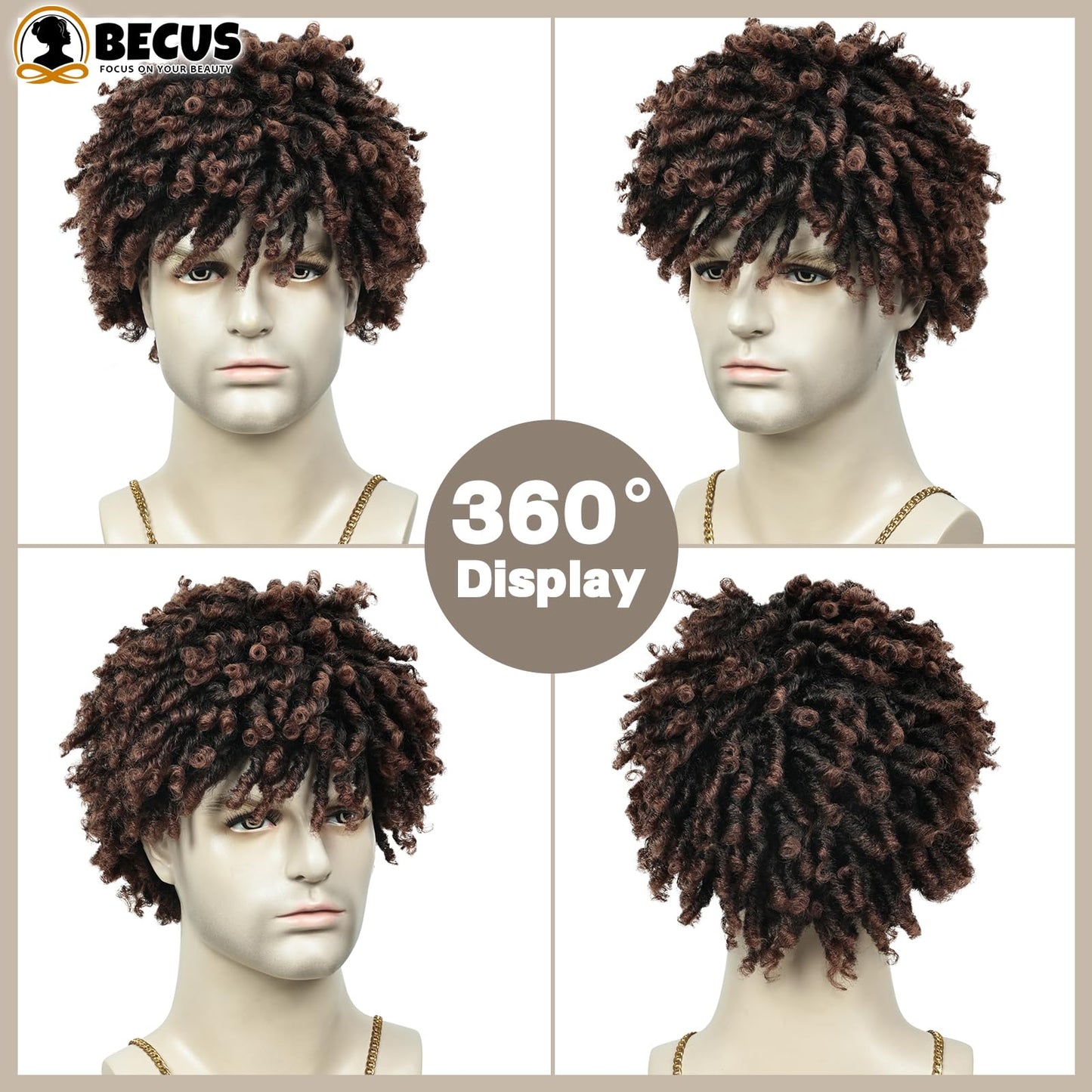 BECUS Dreadlock Wig For Men Dreads Wig Fake Dreads Short Braided Wigs Synthetic Wigs Faux Locs Glueless Curly Hair Black Men Brown Hair Daily Hollaween Party(Brown)