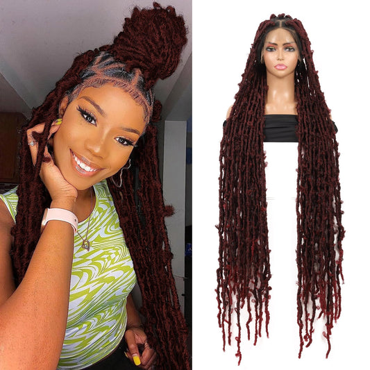 Olymei Locs Braided Wigs for Black Women Knotless Braided Wigs Locs Braid Wig with Baby Hair Full Double Lace Braided Wig Synthetic Burgundy Red Locs Braided Wig, 48 Inches Full Double Lace