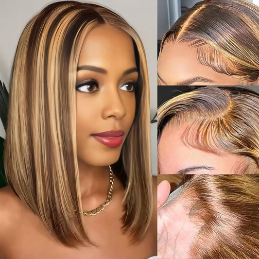 Honey Blonde Lace Front Wig Human Hair HD Genuine Lace Wig Highlight Gradient Ombre Color Real Straight Hair Fits Women's Colored Honey Gold Wigs Stretchy Glueless Bob Wig 4/27 180% Density 14 Inch
