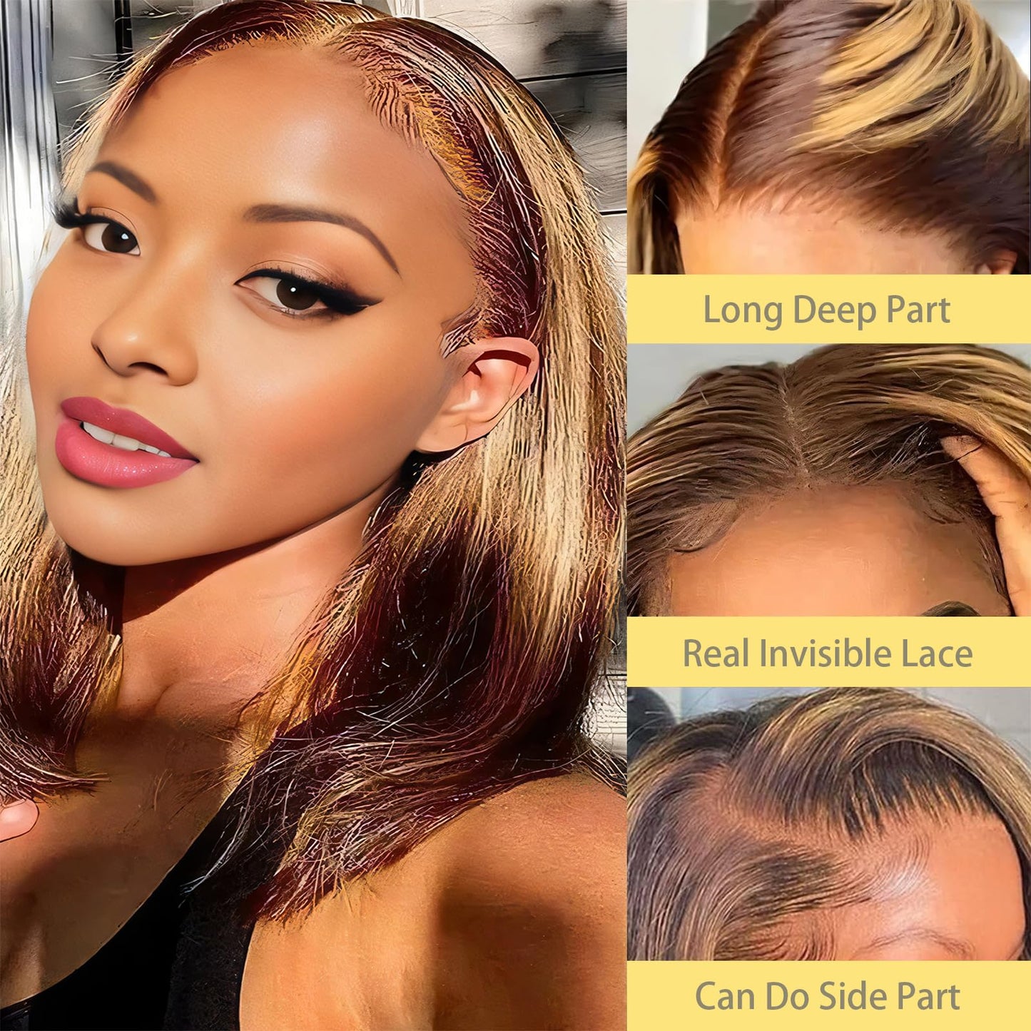 Highlight Ombre Lace Front Wig Human Hair Body Honey Blonde Glueless HD Transparent Lace Frontal Wigs for Women Human Hair Pre Plucked with Baby Hair brown highlighted wig 180 Density 16 Inch