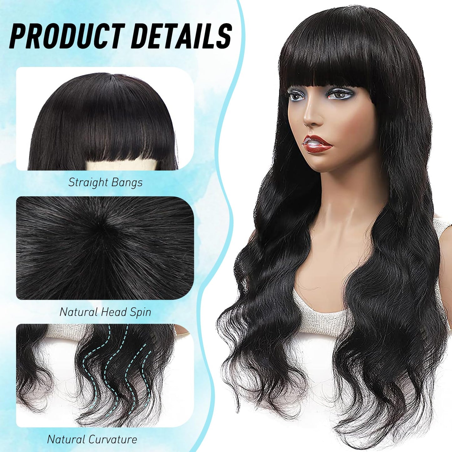 Lativ Body Wave Human Hair Wig with Bangs None Lace Front Wigs for Black Women with Gifts Box 150% Density Brazilian Virgin Hair Glueless Wigs Human Hair (20 Inch, Natural Color)