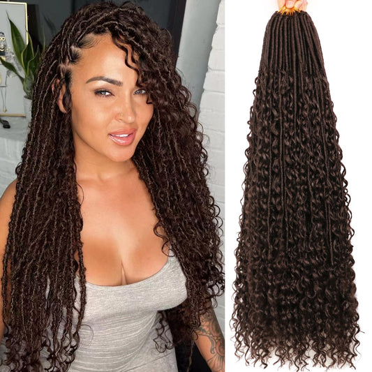 Soft Boho Locs Crochet Hair for Black Women-30 Inch 8 Packs Goddess Faux Locs Crochet Human Hair Feeling Pre Looped with Curly Ends (#4, 30 Inch(Pack of 8))