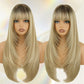 NOVFLKW Ombre Blonde Long Straight Layered Wig with Bangs for Women 26 inch Dark Root to Blonde Put on Go Realistic Synthetic Heat Resistant Natural Wig for Girls Party Cosplay and Daily Use