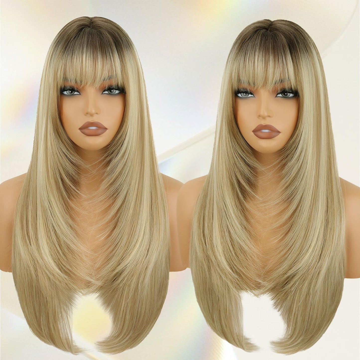 NOVFLKW Ombre Blonde Long Straight Layered Wig with Bangs for Women 26 inch Dark Root to Blonde Put on Go Realistic Synthetic Heat Resistant Natural Wig for Girls Party Cosplay and Daily Use