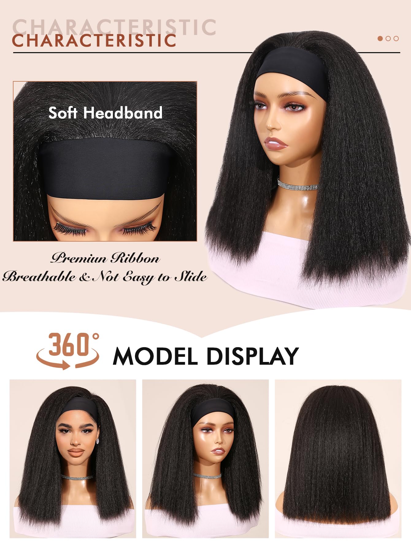 WIGNEE Kinky Straight Headband Wig Kinky Wig with Ribbon Glueless Headband Wigs for Black Women Natural Synthetic Afro Wigs for Black Women Natural Black 14 Inch