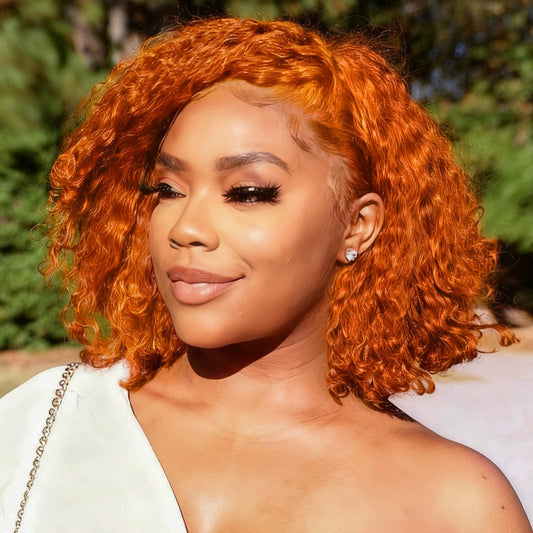 Hihmarm Ginger 13x6 HD Deep Wave Lace Front Bob Wig Human Hair Pre Plucked Bob Glueless Wig Human Hair Wet And Wave 180 Density Orange Curly Lace Frontal Wigs For Black Women 12 Inch