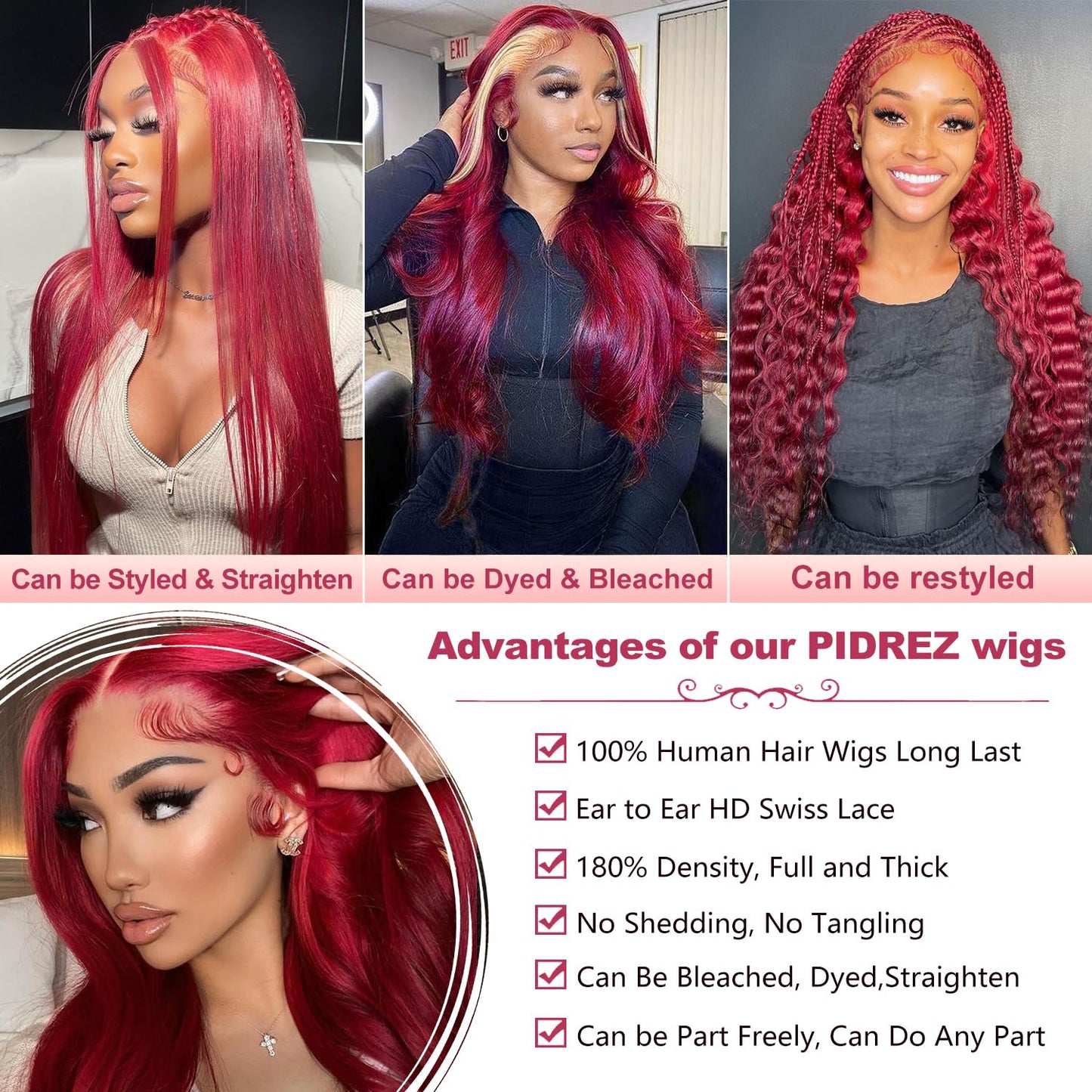 pidrez Burgundy Lace Front Wigs Human Hair With Baby Hair Pre Plucked 13x6 HD Transparent Lace Frontal Human Hair Wigs for Women Glueless 99j Wig Human Hair 180% Density Red Wig 20 Inch