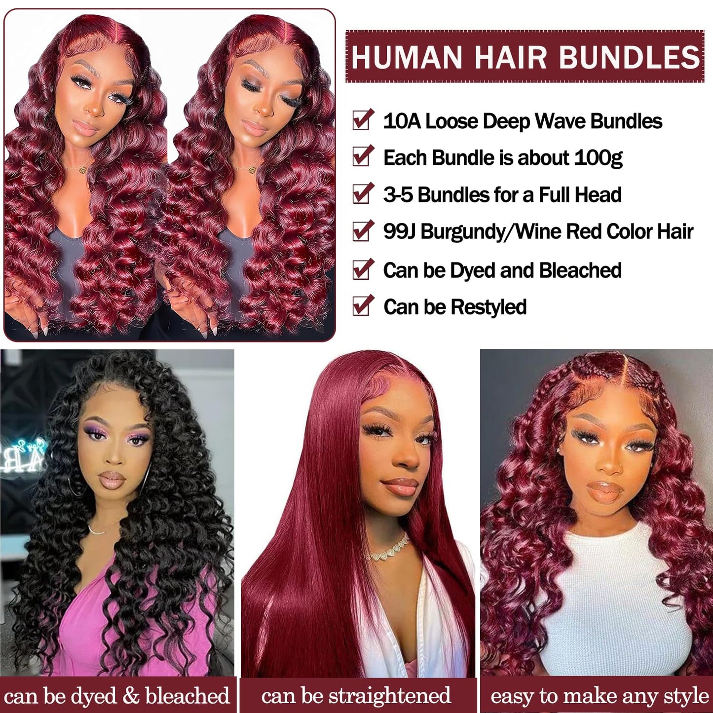 10A Brazilian Bundles and Closure Human Hair Loose Deep Wave Hd Lace Closure with Bundles 12 14 16+12inch, 99j Burgundy Red Wet and Wavy Bundle with Closure Raw Weave Bundles Human Hair with Closure