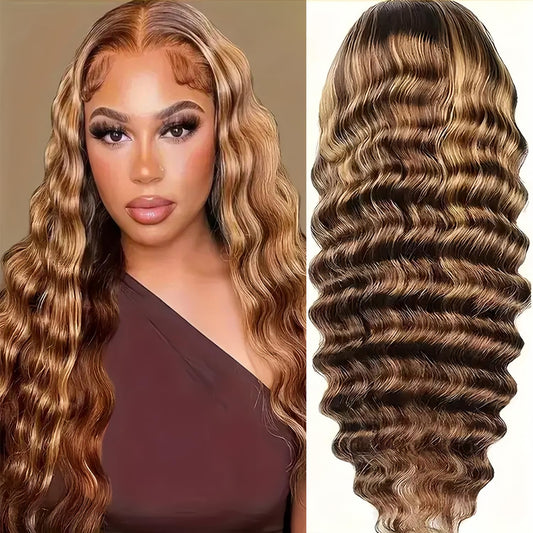 ALYOGA Highlight Wig Human Hair- 200 Density HD Deep Wave Lace Front Wigs, 13x6 Curly Human Hair Wig Pre Plucked 26 inch