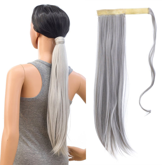 SWACC Women Long Straight/Curly Wavy Wrap Around Ponytail Extension Synthetic Hair Piece Clip in Hair extensions (Straight, Silver Gray)