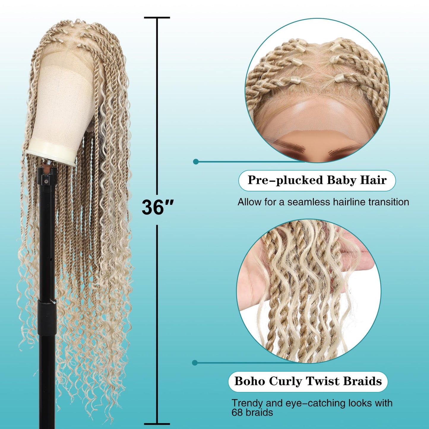 Kalyss HD Full Lace Boho Braided Wigs for Women 360 Lace Front Twist Braided Wigs with Baby Hair Blonde Premium Synthetic Knotless Braid Wig 36"