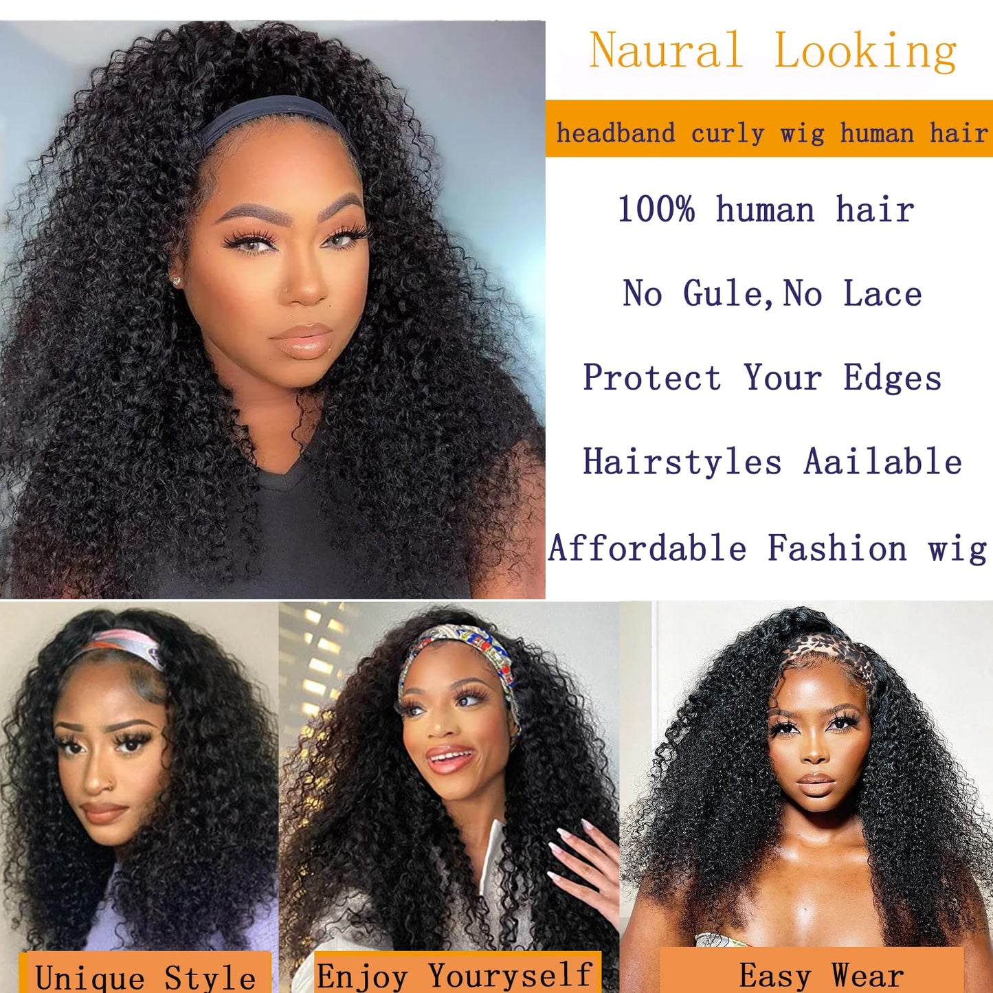 Semicaop Curly Headband Wig Human Hair 16 Inch Headband Wigs for Black Women Human Hair Glueless Wear and Go Human Hair Headband Wig Curly 150% Density Natural Black