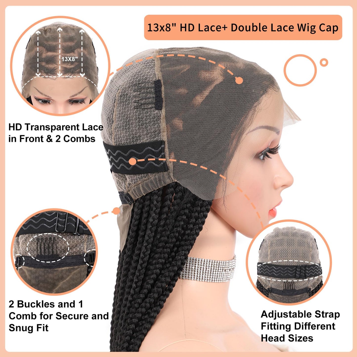 Brinbea 36'' 13X8" HD Lace Front Knotless Braided Wigs for Women Box Braid Wig with Baby Hair Braided Lace Front Wigs Premium Synthetic Braid Wig Natural Long Black