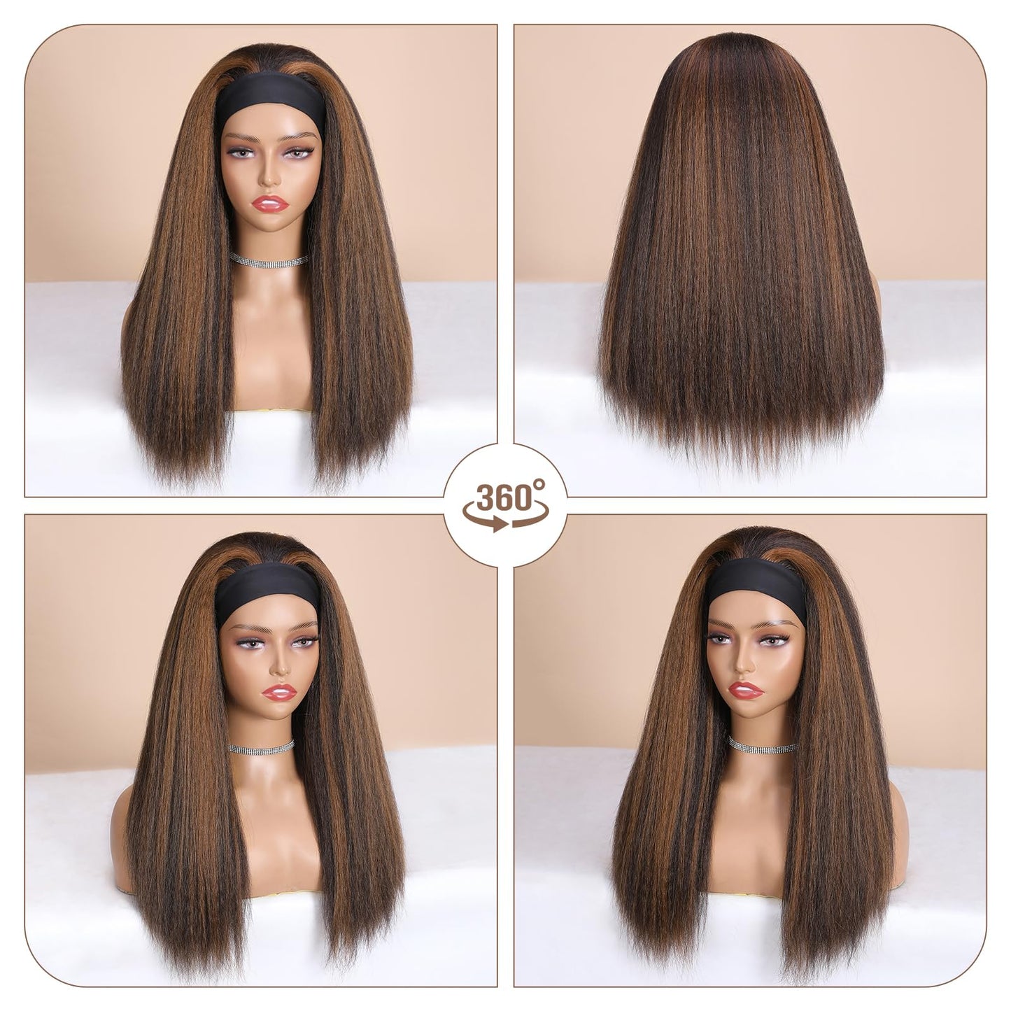 WIGNEE Brown Highlights Kinky Straight Headband Wig for Women 22 Inches Yaki Straight Wigs with Black Headband Kinky Straight Wigs for Black Women (2A/30# Highlights, 22 Inch)