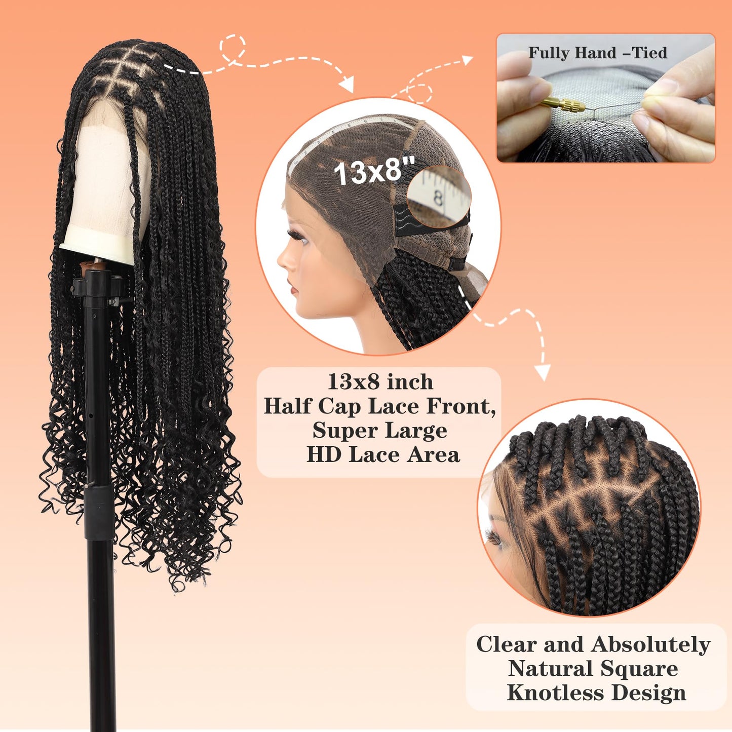 Brinbea 13x8'' HD Lace Front Braided Wigs for Women Knotless Boho Braided Wigs with Baby Hair Black Box Braid Wig Long Premium Synthetic Braided Lace Front Wigs 36 Inch