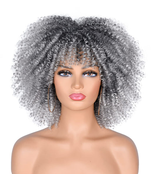 ANNISOUL 10Inch Short Curly Afro Wigs for Black Women Bomb Afro Kinky Curly Wig with Bangs Synthetic Fiber Full Wig(Ombre Grey)