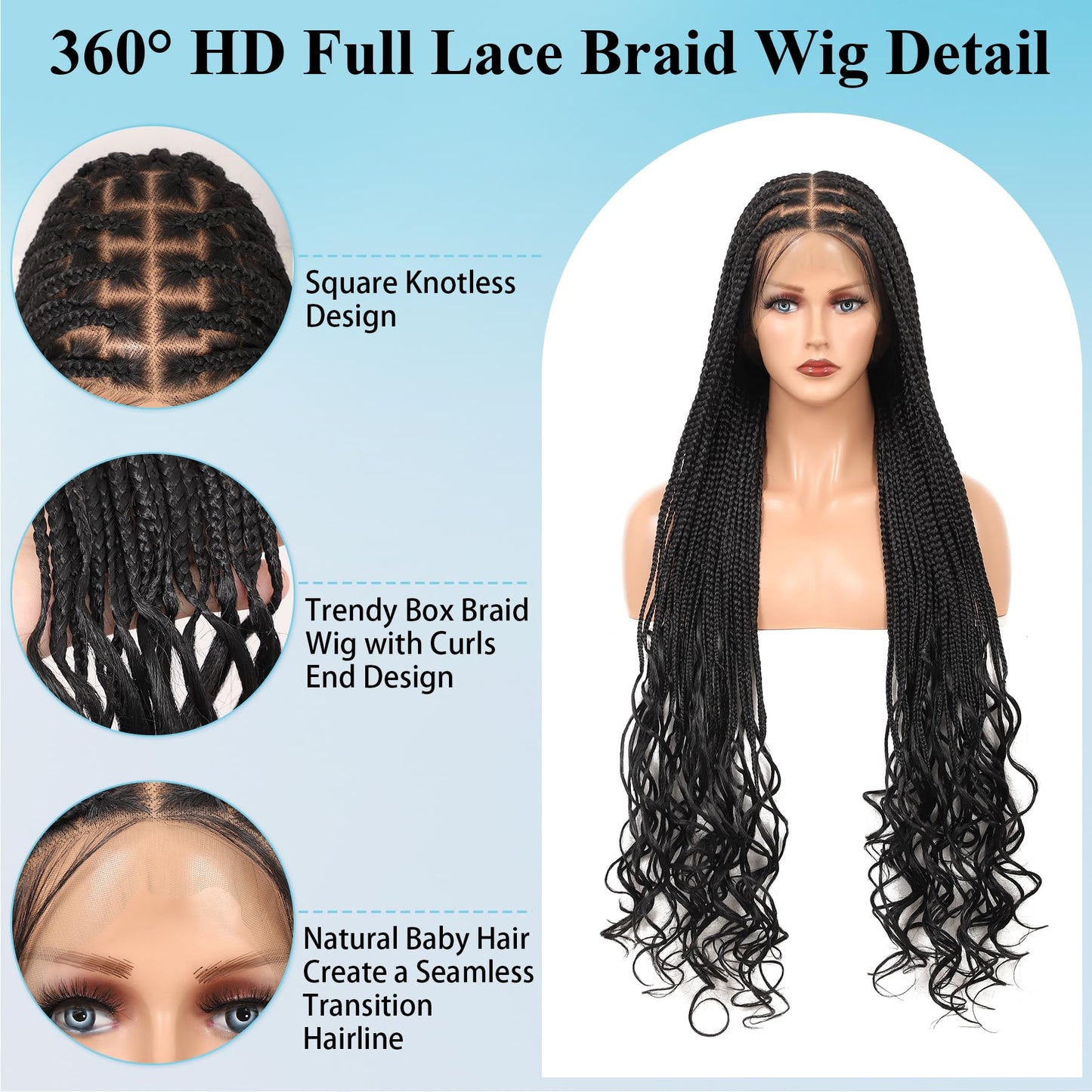 Olymei HD Full Lace Knotless Braided Wigs for Black Women Box Braid Wig Boho Curly Ends Braided Wigs with Baby Hair Premium Synthetic Boho Braided Wig,36 Inch 360° HD Full Lace