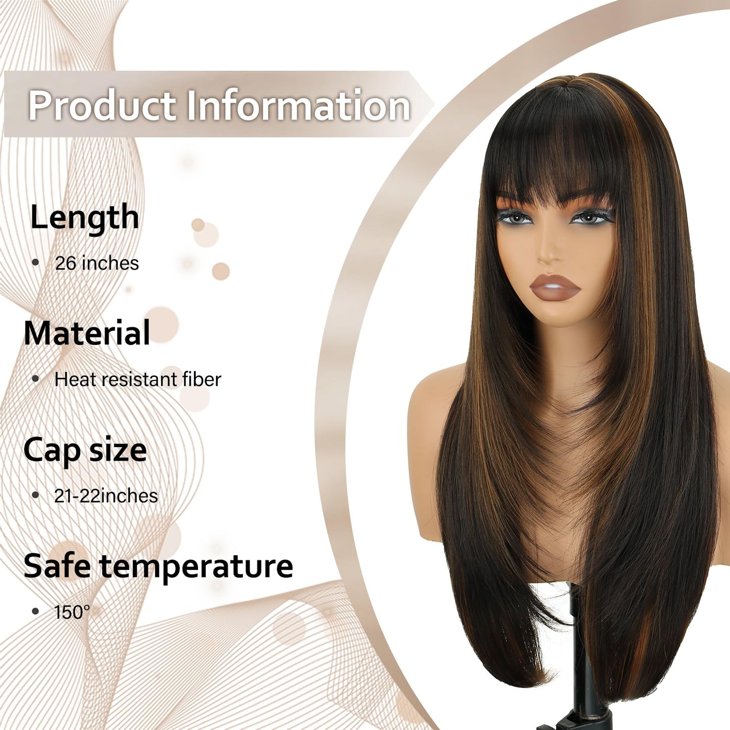 NOVFLKW Highlight Long Straight Layered Wig with Bangs for Women 26 inch Highlight Brown Put on Go Realistic Synthetic Heat Resistant Natural Wig for Girls Party Cosplay and Daily Use
