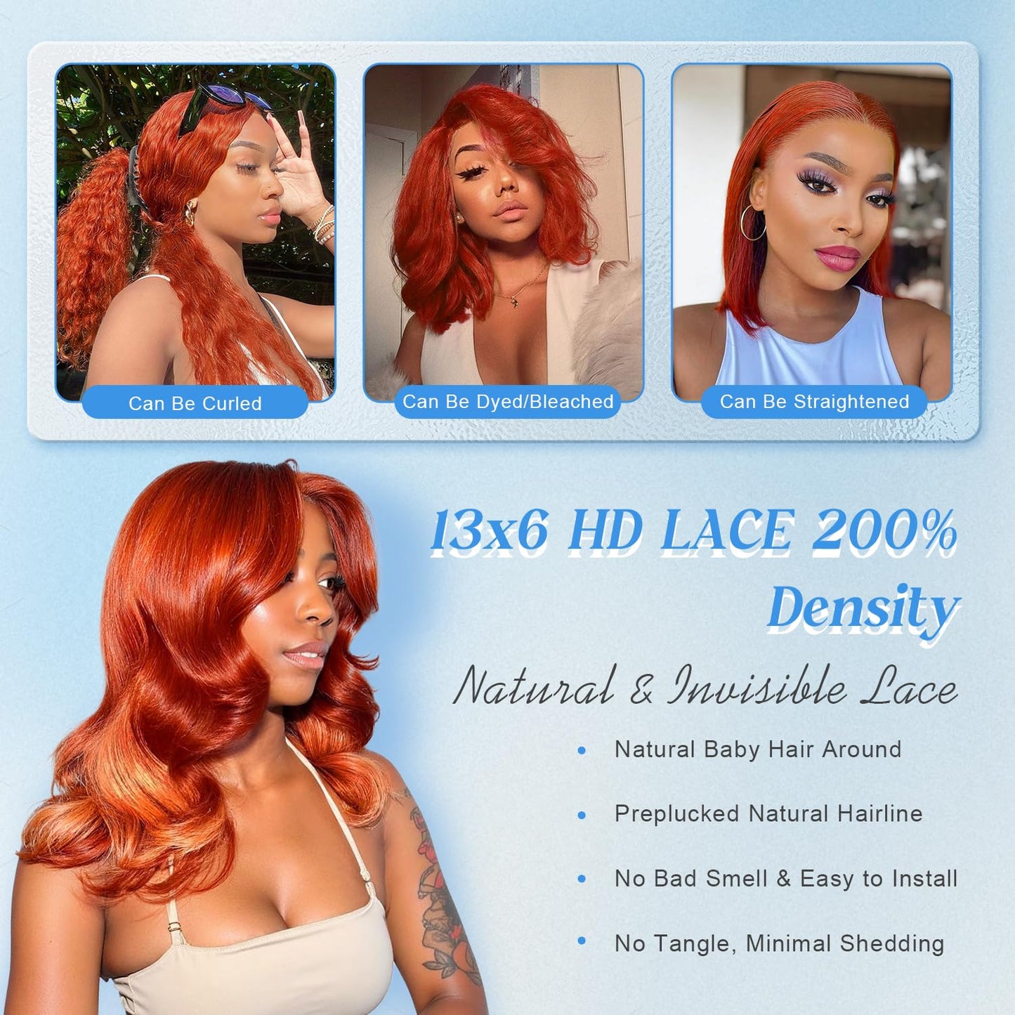 Afribye Ginger Wig Human Hair 200% Density 13x6 350 Ginger Body Wave Lace Front Wigs Human Hair Pre Plucked Short Wigs for Black Women Glueless Frontal Wig Human Hair Loose Wavy 12 inch